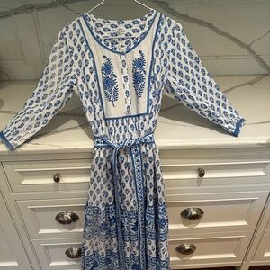 Pink City Prints Blue & White Prairie Midi Dress , XS/S, Never Worn, New w/ tags